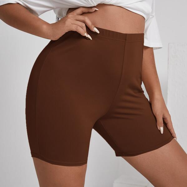 

Plus Solid High Waist Biker Shorts, Coffee brown