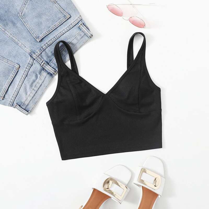 

Solid Ribbed Crop Cami, Black