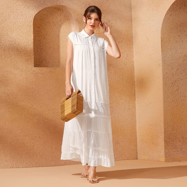 

Solid Eyelet Embroidery Button Front Shirt Dress, White
