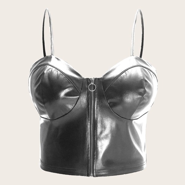 

Plus Zip Up PU Leather Cami Top, Silver