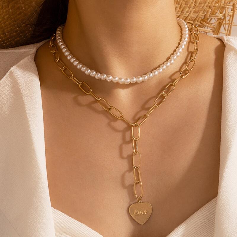 

1pc Heart Charm Layered Necklace, Gold
