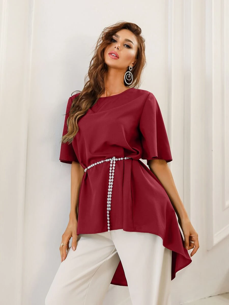 Camisa con cinturón bajo irregular unicolor - Burdeos - Ver 1