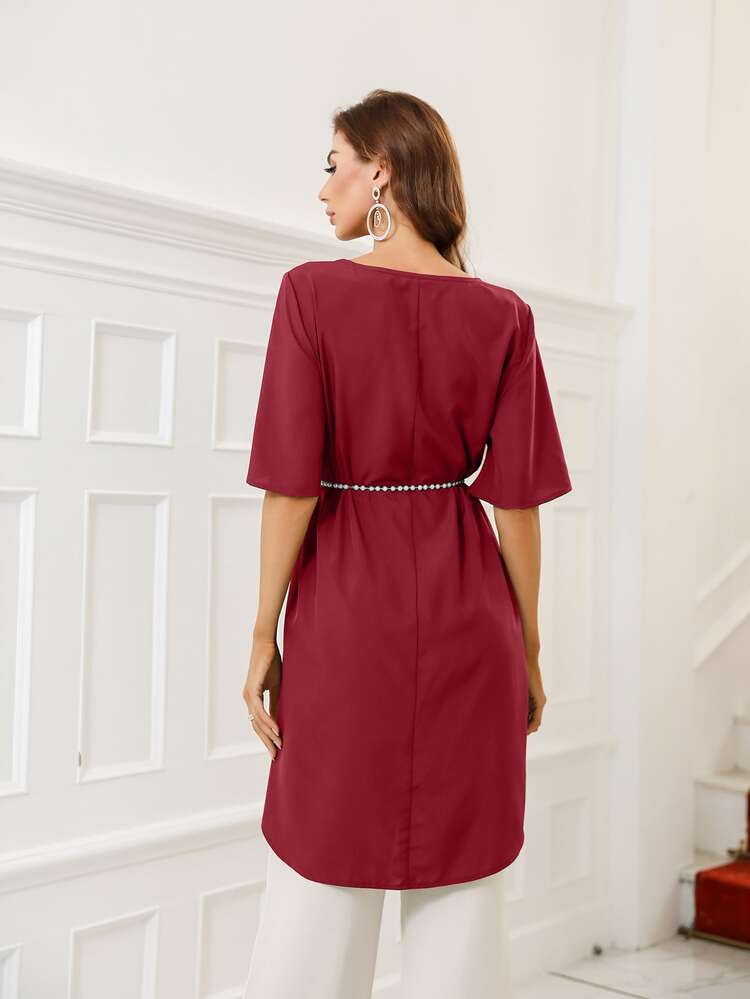 Camisa con cinturón bajo irregular unicolor - Burdeos - Añade 2