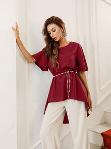 Camisa con cinturón bajo irregular unicolor - Burdeos - Ver 5