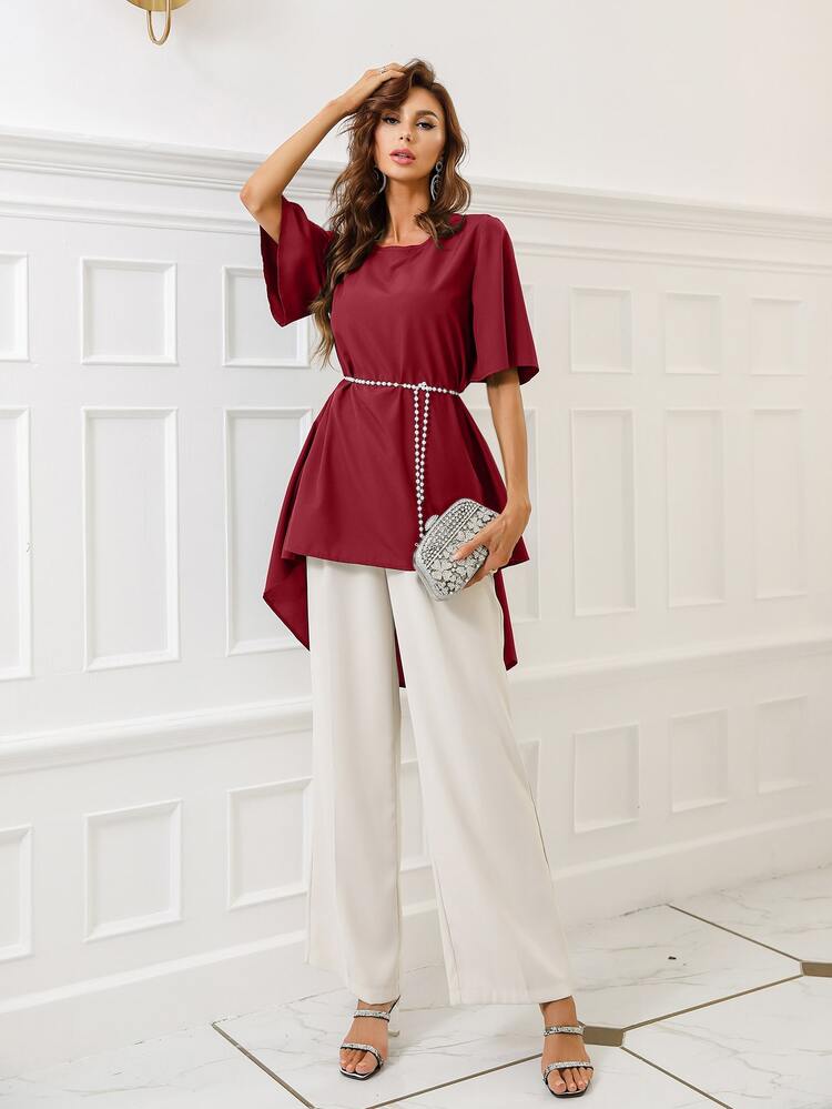 Camisa con cinturón bajo irregular unicolor - Burdeos - Añade 6