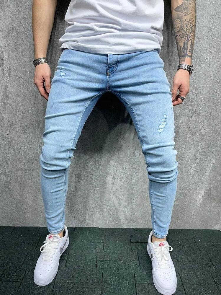 Manfinity Homme 男士破洞紧身牛仔裤，纯色修身长款洗水浅蓝色工装牛仔裤，适合丈夫、男朋友的礼物浅蓝色牛仔裤 Menmens Jeans Skinnystreetwear Jeanslight Wash 男士牛仔裤 - 淺色水洗藍 - 查看 1