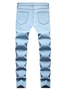 Manfinity Homme 男士破洞紧身牛仔裤，纯色修身长款洗水浅蓝色工装牛仔裤，适合丈夫、男朋友的礼物浅蓝色牛仔裤 Menmens Jeans Skinnystreetwear Jeanslight Wash 男士牛仔裤 - 淺色水洗藍 - 查看 2