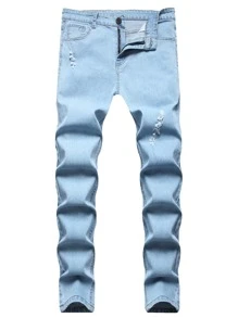 Manfinity Homme 男士破洞紧身牛仔裤，纯色修身长款洗水浅蓝色工装牛仔裤，适合丈夫、男朋友的礼物浅蓝色牛仔裤 Menmens Jeans Skinnystreetwear Jeanslight Wash 男士牛仔裤 - 淺色水洗藍 - 查看 6