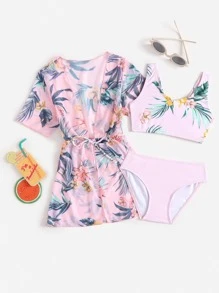 年轻女孩 3 件装花卉和热带印花比基尼套装和罩衫夏季海滩 - 淺粉色 - 查看 1