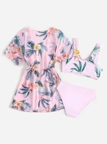 年轻女孩 3 件装花卉和热带印花比基尼套装和罩衫夏季海滩 - 淺粉色 - 查看 2