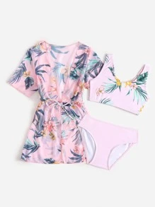 年轻女孩 3 件装花卉和热带印花比基尼套装和罩衫夏季海滩 - 淺粉色 - 查看 3