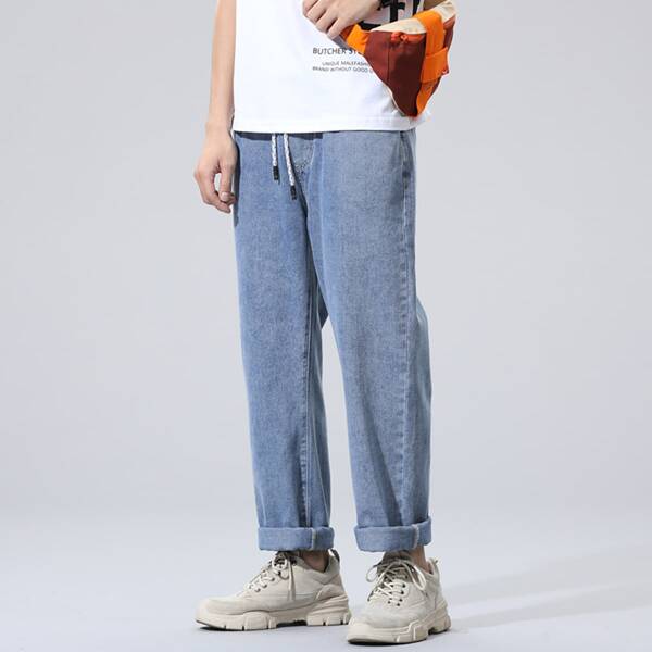 

Men Drawstring Waist Washed Jeans, Medium wash