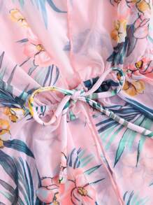 年轻女孩 3 件装花卉和热带印花比基尼套装和罩衫夏季海滩 - 淺粉色 - 查看 5