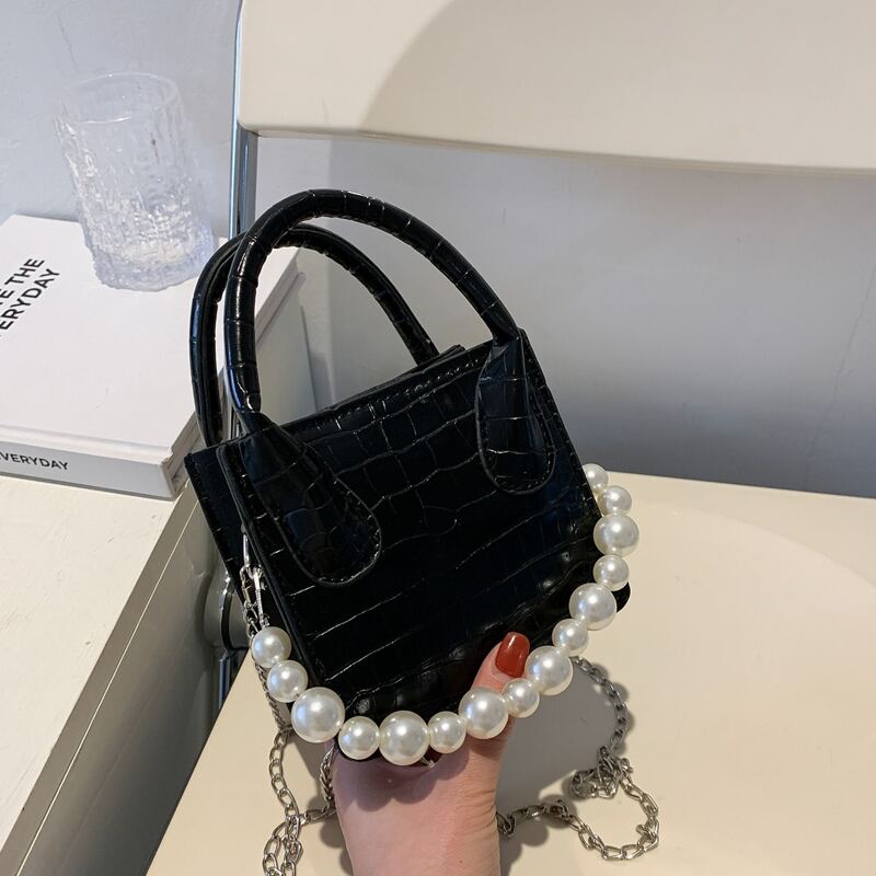 

Mini Faux Pearl Decor Croc Embossed Satchel Bag, Black