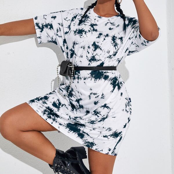 

Plus Drop Shoulder Tie Dye Tee Dress Without Bag, Blue and white
