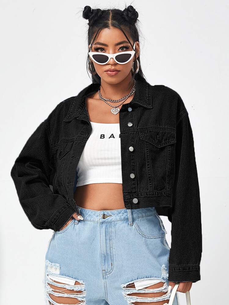 Chaqueta mezclilla de hombros caídos unicolor - Negro - Ver 1