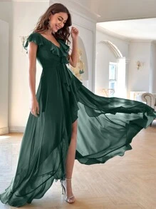 Solid Ruffle Trim Tie Front Asymmetrical Bridesmaid Dress Elegant Dress, Bride Dress, Birthday Women Outfits, Graduation Dress, Formal Dress - Dark Green - View 2