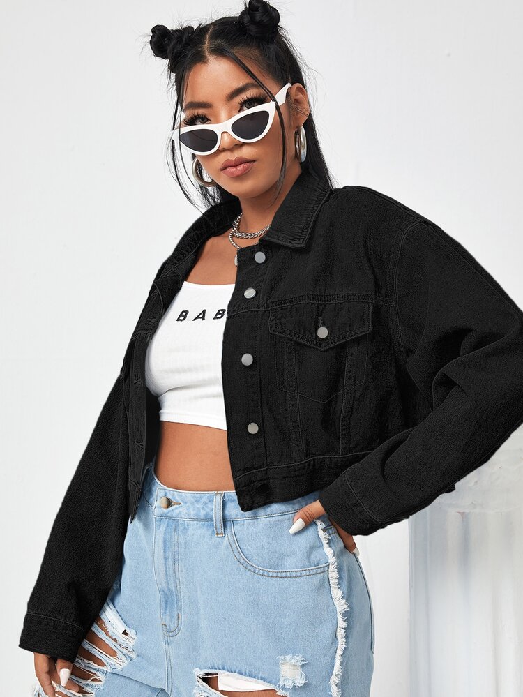 Chaqueta mezclilla de hombros caídos unicolor - Negro - Ver 2