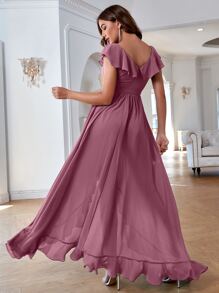 Solid Ruffle Trim Tie Front Asymmetrical Bridesmaid Dress Elegant Dress, Bride Dress, Birthday Women Outfits, Graduation Dress, Formal Dress - Mauve Purple - View 3