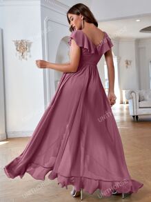 Solid Ruffle Trim Tie Front Asymmetrical Bridesmaid Dress Elegant Dress, Bride Dress, Birthday Women Outfits, Graduation Dress, Formal Dress
