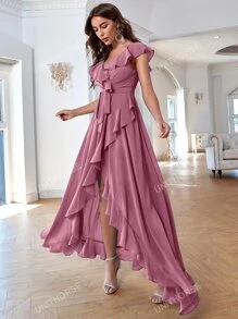 Solid Ruffle Trim Tie Front Asymmetrical Bridesmaid Dress Elegant Dress, Bride Dress, Birthday Women Outfits, Graduation Dress, Formal Dress