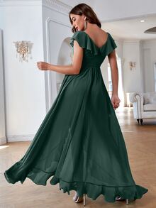 Solid Ruffle Trim Tie Front Asymmetrical Bridesmaid Dress Elegant Dress, Bride Dress, Birthday Women Outfits, Graduation Dress, Formal Dress - Dark Green - View 3