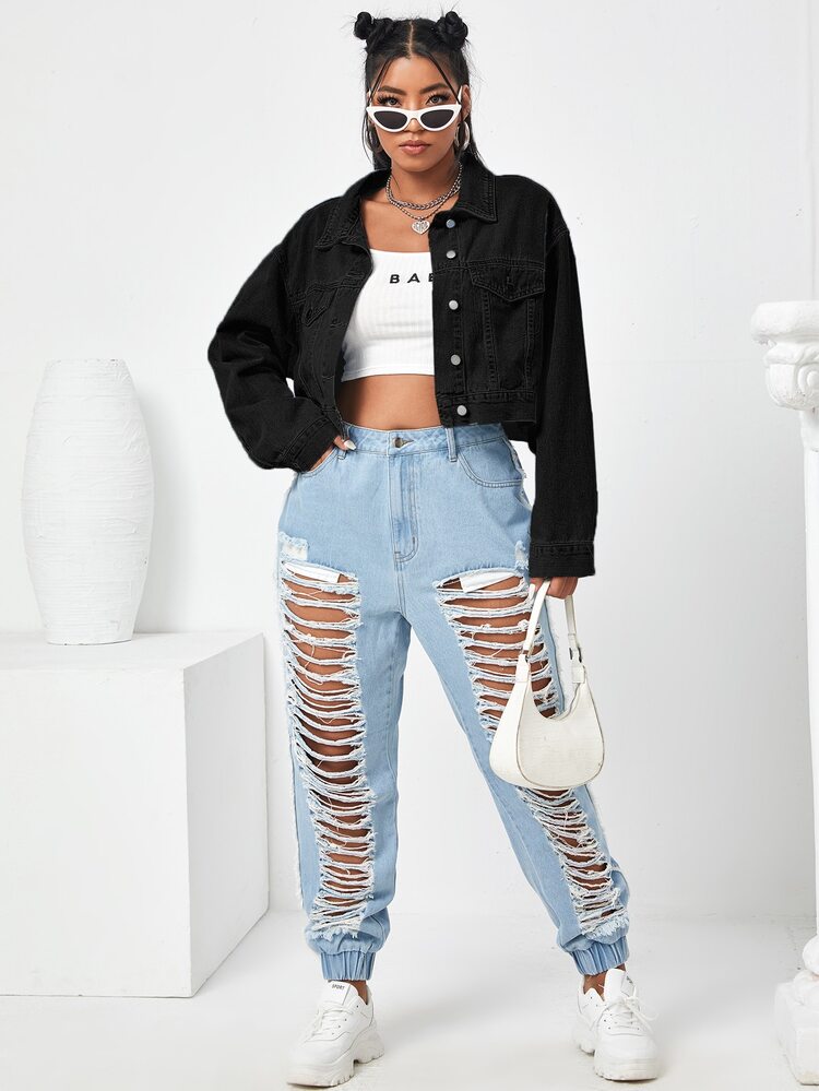 Chaqueta mezclilla de hombros caídos unicolor - Negro - Ver 3