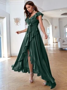Solid Ruffle Trim Tie Front Asymmetrical Bridesmaid Dress Elegant Dress, Bride Dress, Birthday Women Outfits, Graduation Dress, Formal Dress - Dark Green - View 4