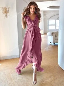 Solid Ruffle Trim Tie Front Asymmetrical Bridesmaid Dress Elegant Dress, Bride Dress, Birthday Women Outfits, Graduation Dress, Formal Dress