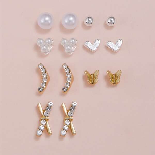 

7pairs Rhinestone & Faux Pearl Decor Earrings, Silver