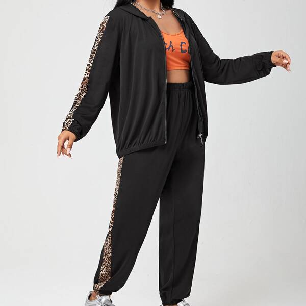

Plus Contrast Leopard Print Zip-up Hoodie & Sweatpants, Black