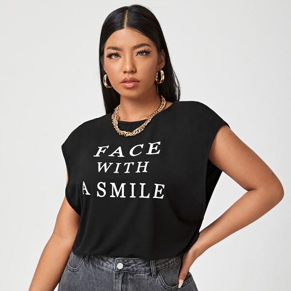 

Plus Slogan Graphic Tank Top, Black