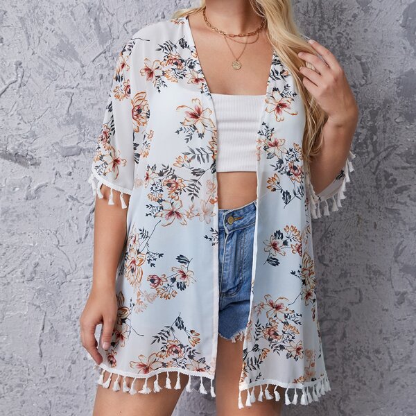

Plus Floral Print Tassel Trim Kimono, White
