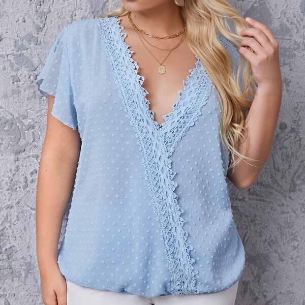 

Plus Lace Panel Butterfly Sleeve V-Neck Blouse, Blue