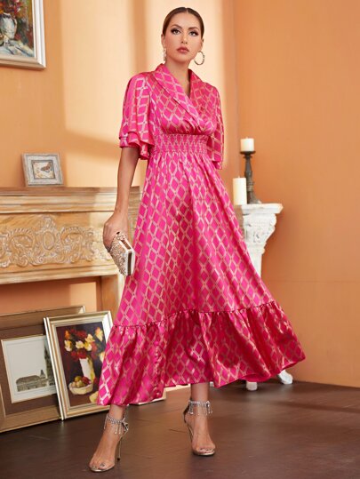 Modelyn Gold Argyle Print Shawl Collar Shirred Waist A-line Dress