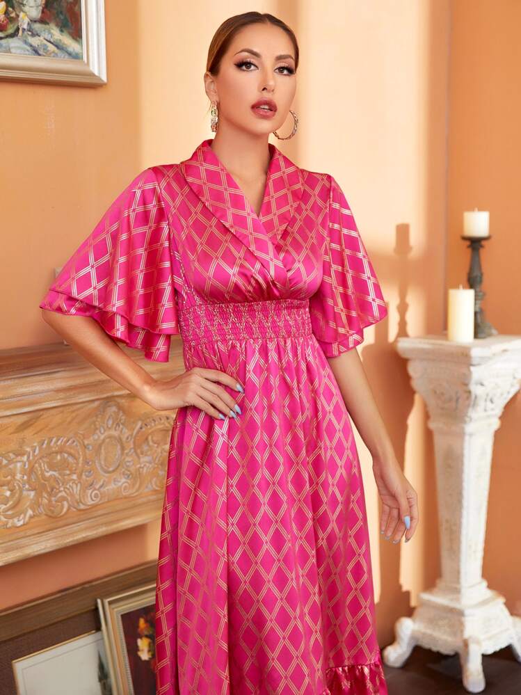 Modelyn 金色格紋圖案翻領打褶A字型連衣裙 - 玫紅色 - 查看 5