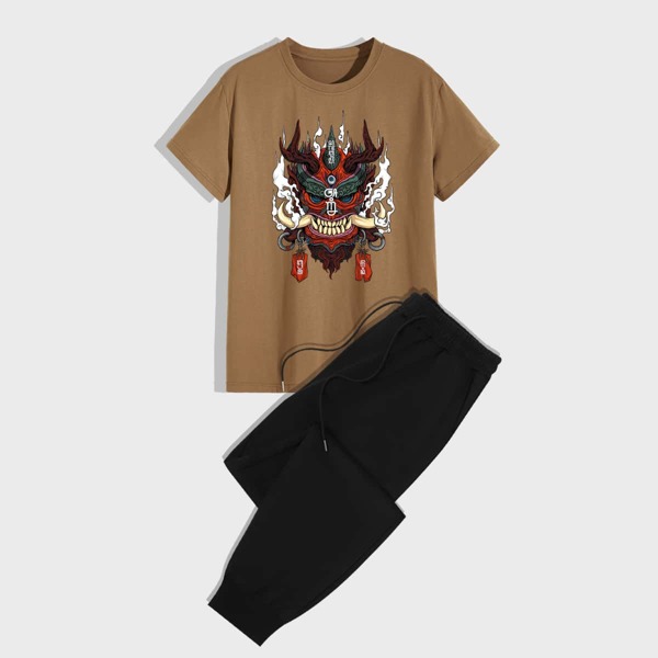 

Men Graphic Print Tee With Drawstring Waist Pants, Multicolor