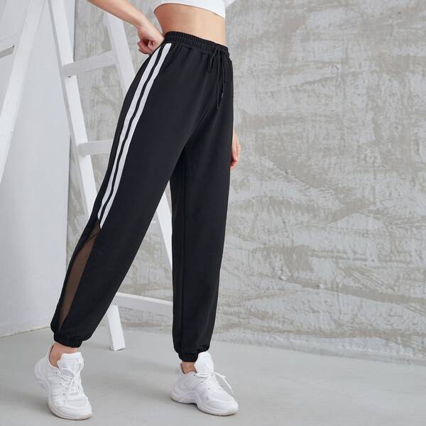 

Side Striped Contrast Mesh Drawstring Waist Sweatpants, Black