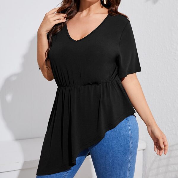 

Plus Solid V-Neck Asymmetrical Hem Tee, Black