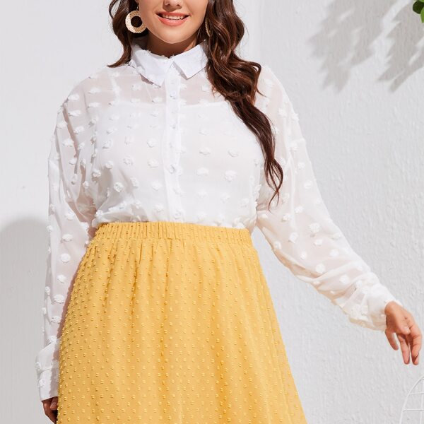 

Plus Swiss Dot Button Up Curved Hem Blouse, White