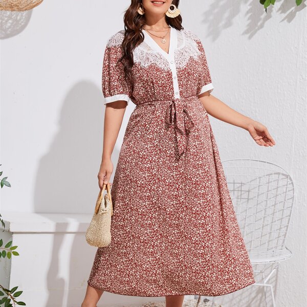

Plus Ditsy Floral Contrast Lace Belted Dress, Red