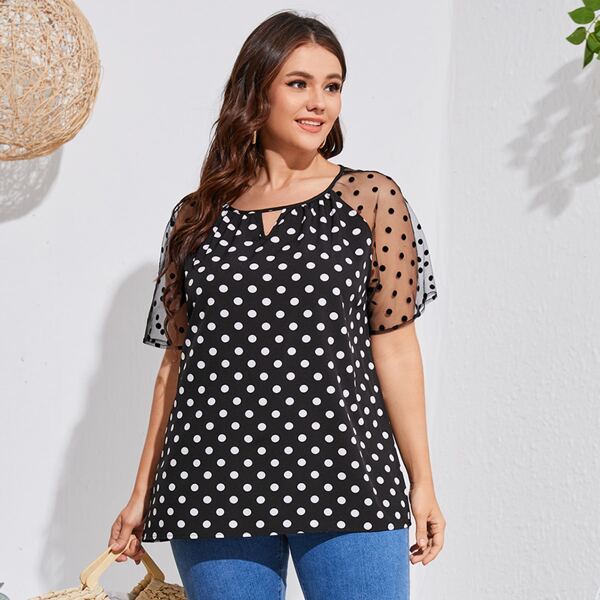 

Plus Polka Dot Dobby Mesh Sleeve Keyhole Neck Blouse, Black