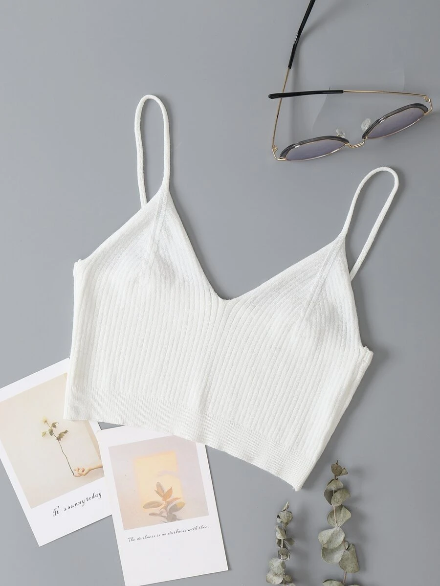 INAWLY Solid Crop Knit Cami Top - White - View 1