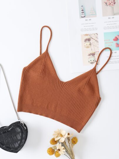 INAWLY Solid Crop Knit Cami Top