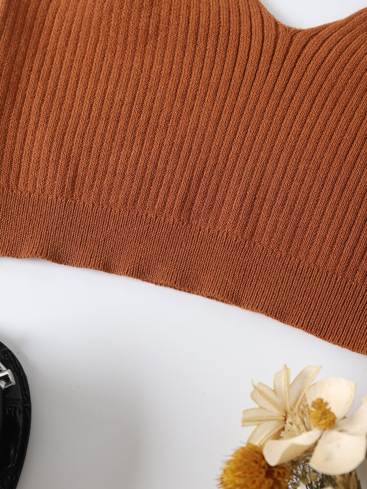 INAWLY 素色羅紋針織吊帶上衣 - 摩卡棕 - 查看 5