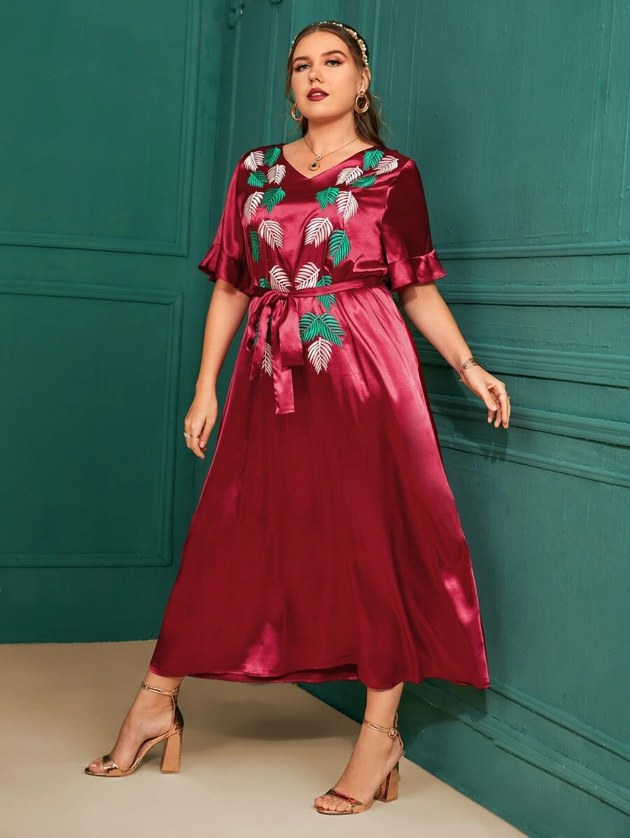 大碼緞面樹葉刺繡V領繫腰帶洋裝