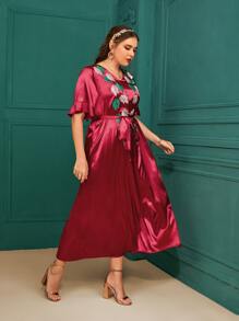 大碼緞面樹葉刺繡V領繫腰帶洋裝