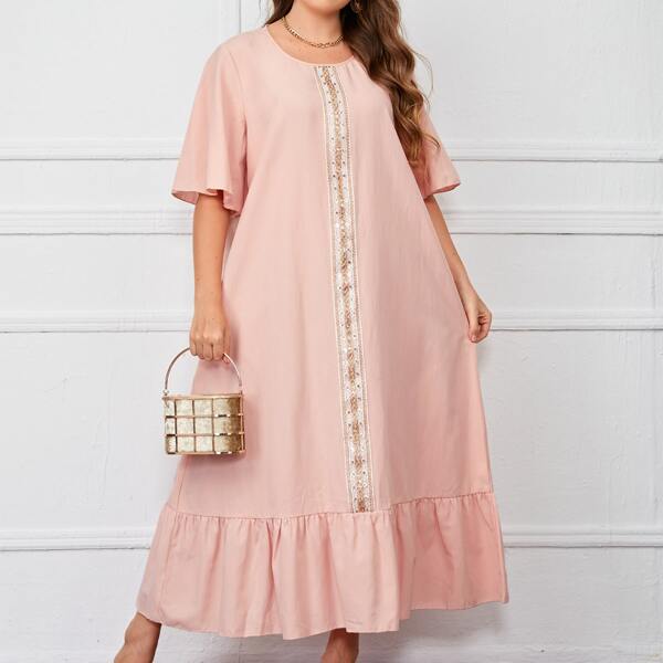 

Plus Tape Ruffle Hem Smock Dress, Baby pink