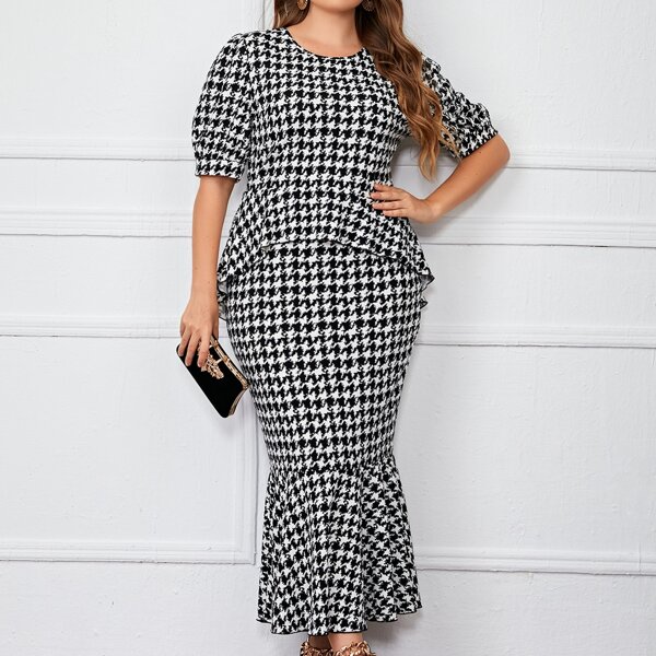 

Plus Houndstooth Print Peplum Top & Mermaid Skirt, Black and white