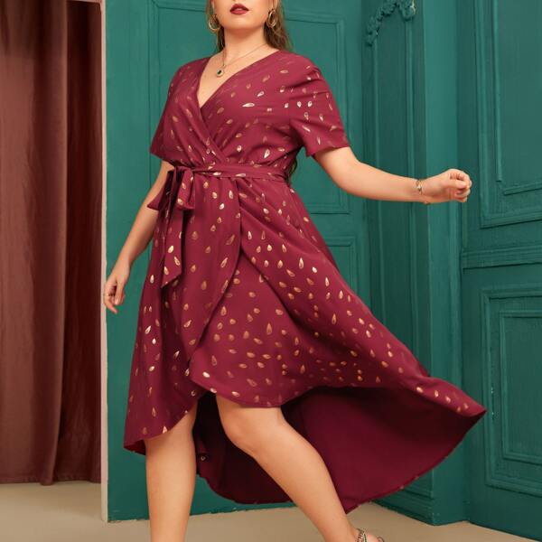 

Plus Gilding Print High Low Tulip Hem Belted Dress, Red